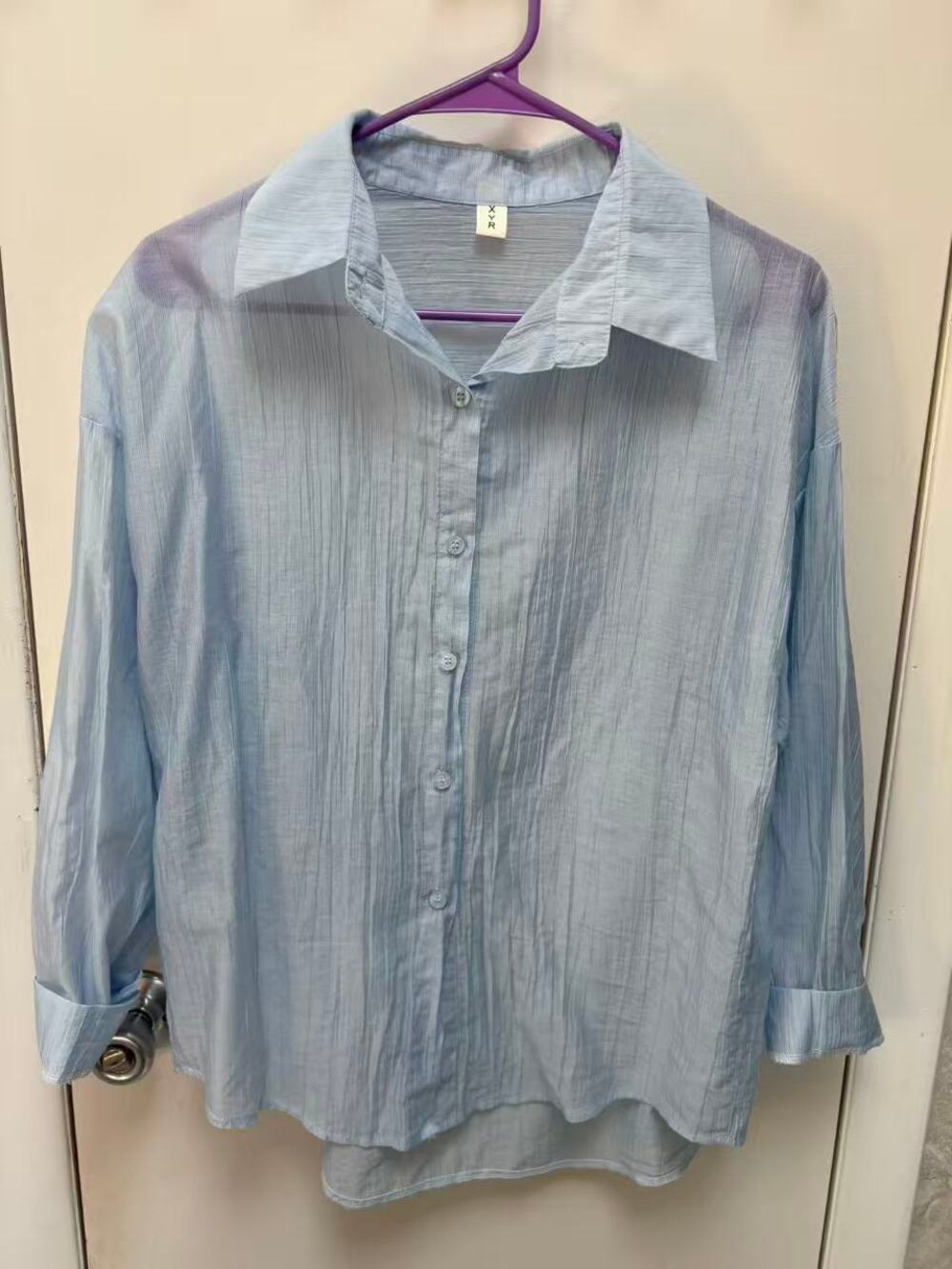 Women Light Blue Button Down Shirt Sheer Crinkle Long Sleeve Beach Coverup XL